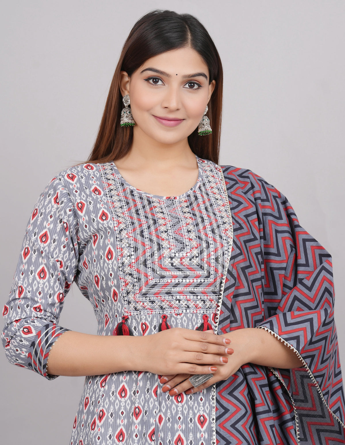 House of RP Women's Grey Cotton Kurta & Dupatta Set | Grocsy