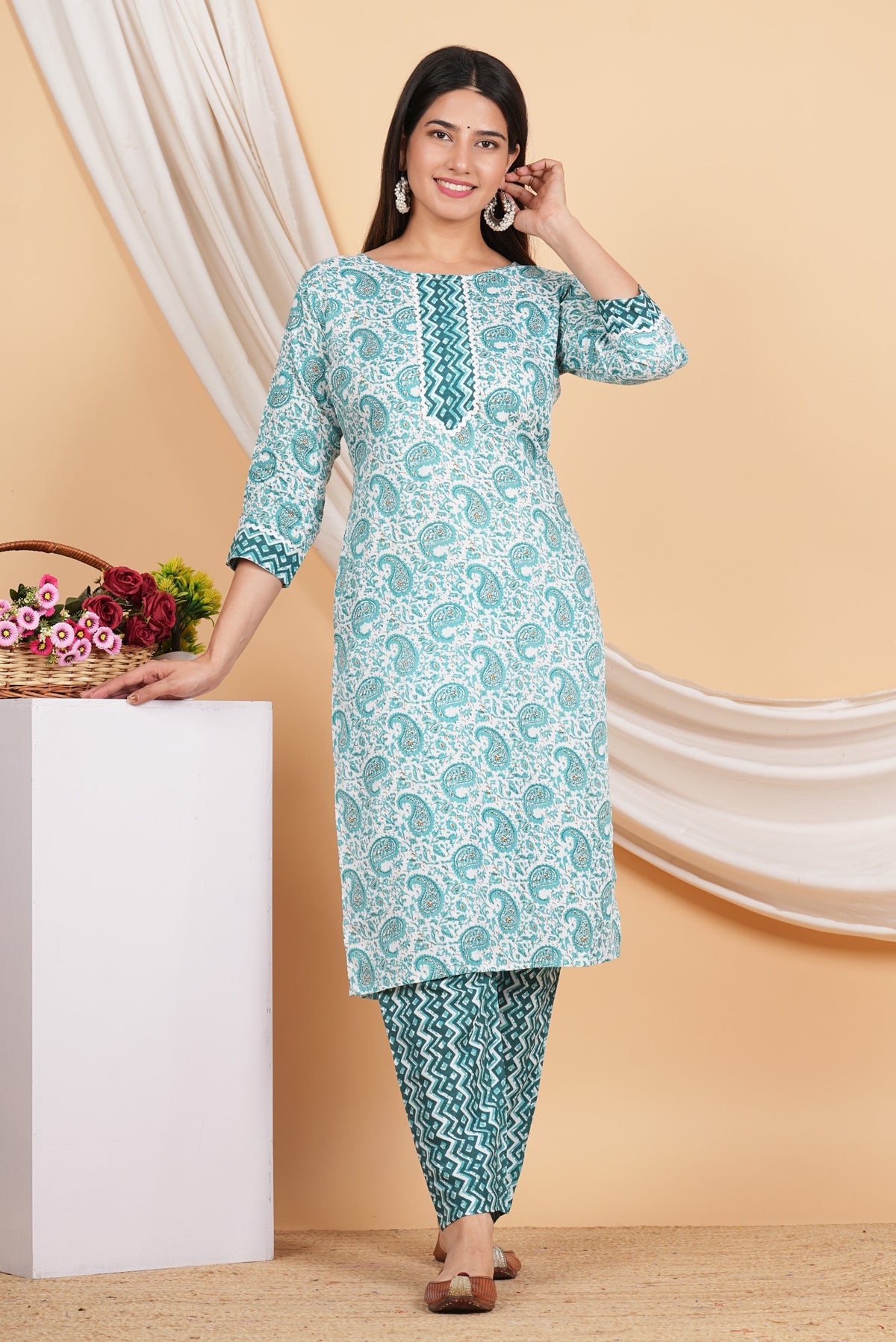 House of RP Women Green Rayon Ethnic Print Kurta & Pant Set | Grocsy