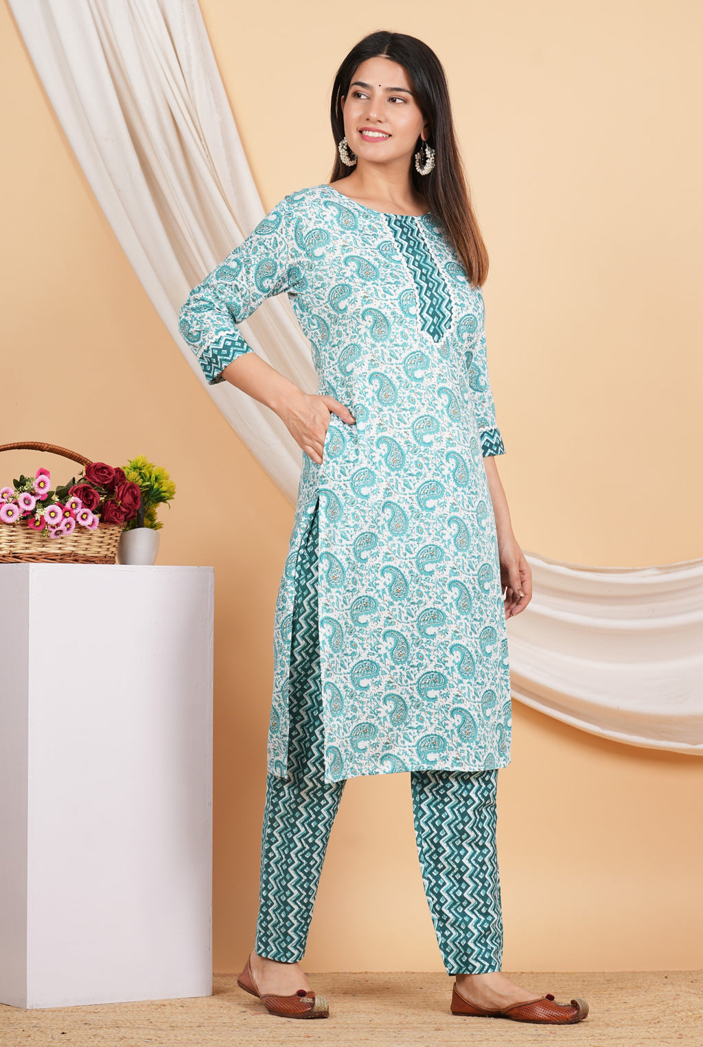 House of RP Women Green Rayon Ethnic Print Kurta & Pant Set | Grocsy