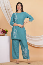 House of RP Women Teal Cotton Embroidered Coords Set | Grocsy