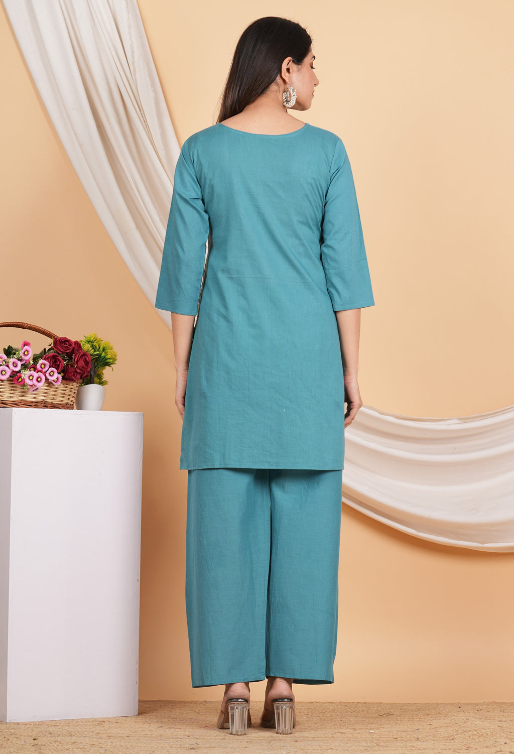 House of RP Women Teal Cotton Embroidered Coords Set | Grocsy