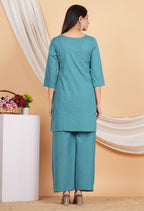 House of RP Women Teal Cotton Embroidered Coords Set | Grocsy