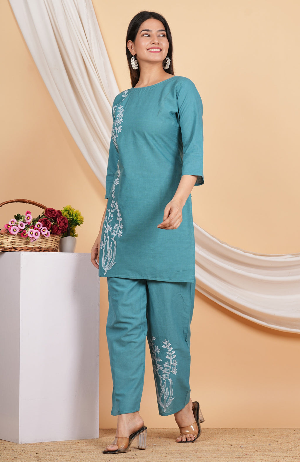 House of RP Women Teal Cotton Embroidered Coords Set | Grocsy