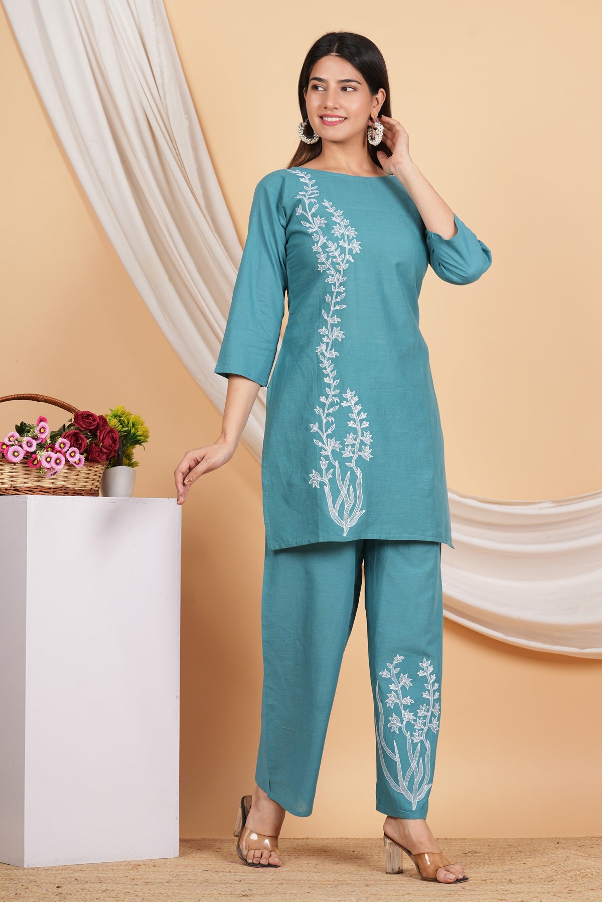 House of RP Women Teal Cotton Embroidered Coords Set | Grocsy