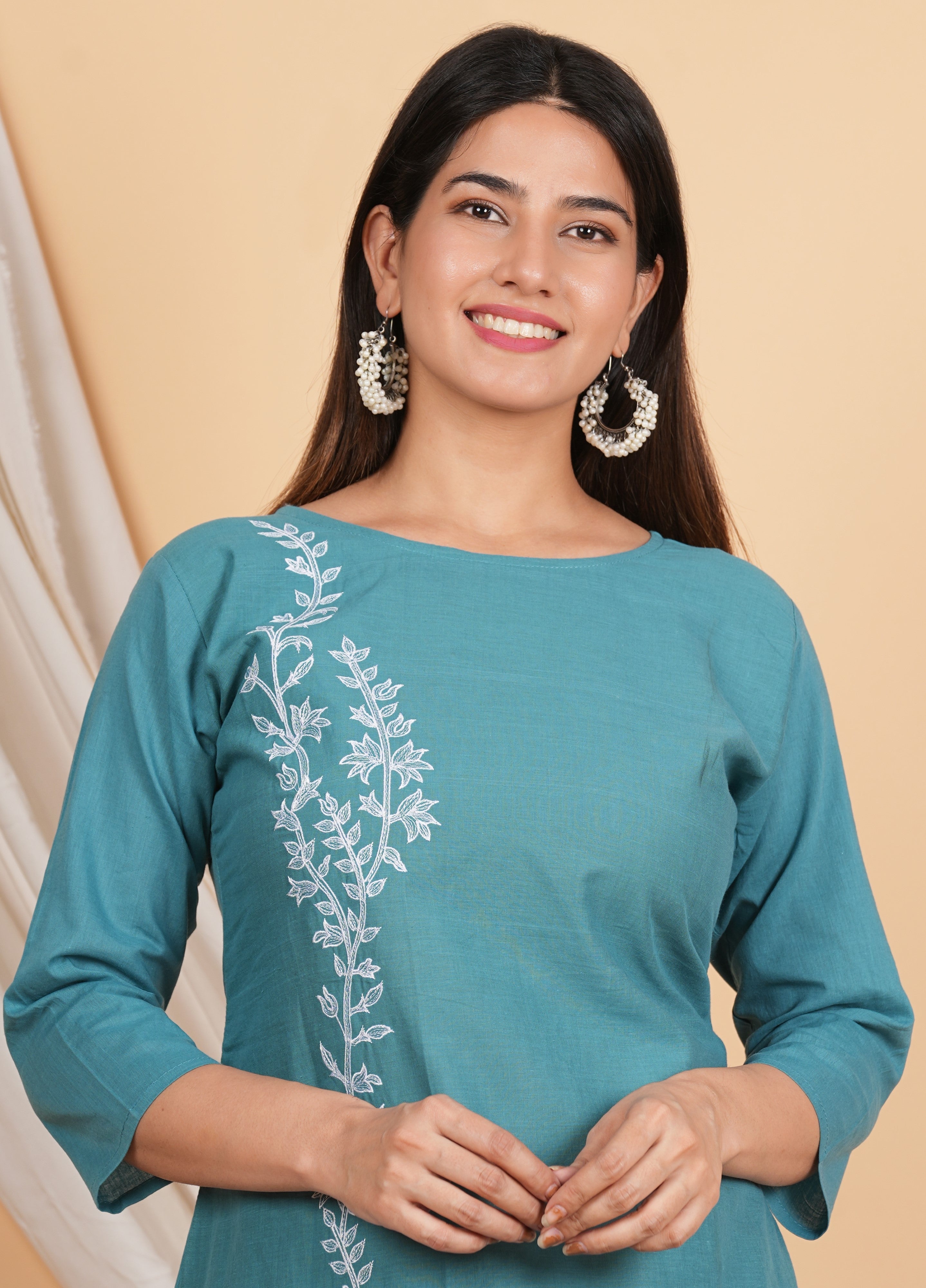 House of RP Women Teal Cotton Embroidered Coords Set | Grocsy