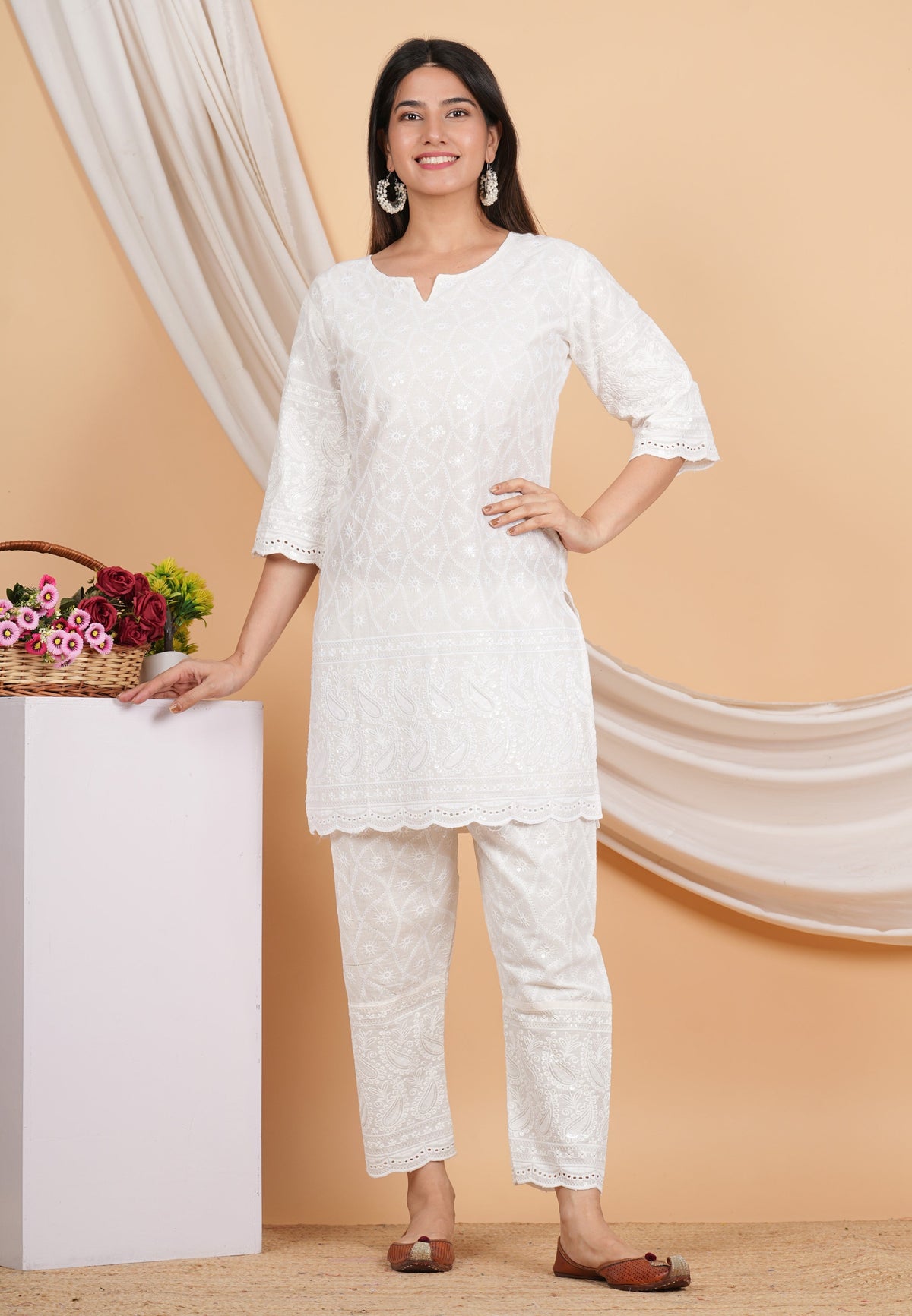 House of RP Women Off-White Cotton Chicken Embroidered Kurta & Pant Set | Grocsy