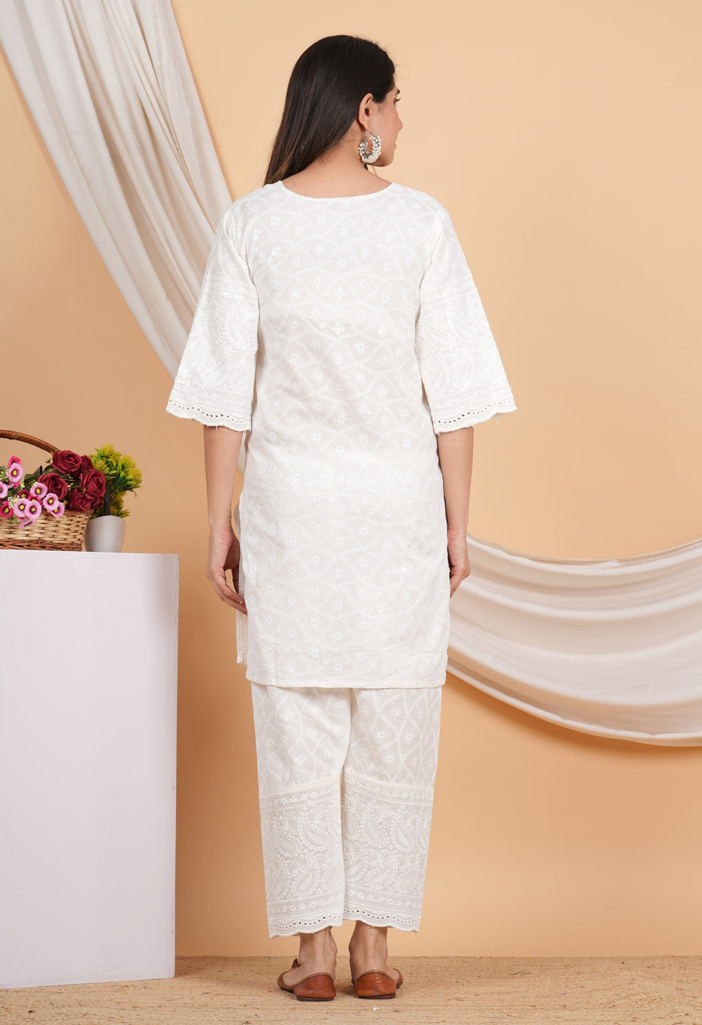 House of RP Women Off-White Cotton Chicken Embroidered Kurta & Pant Set | Grocsy