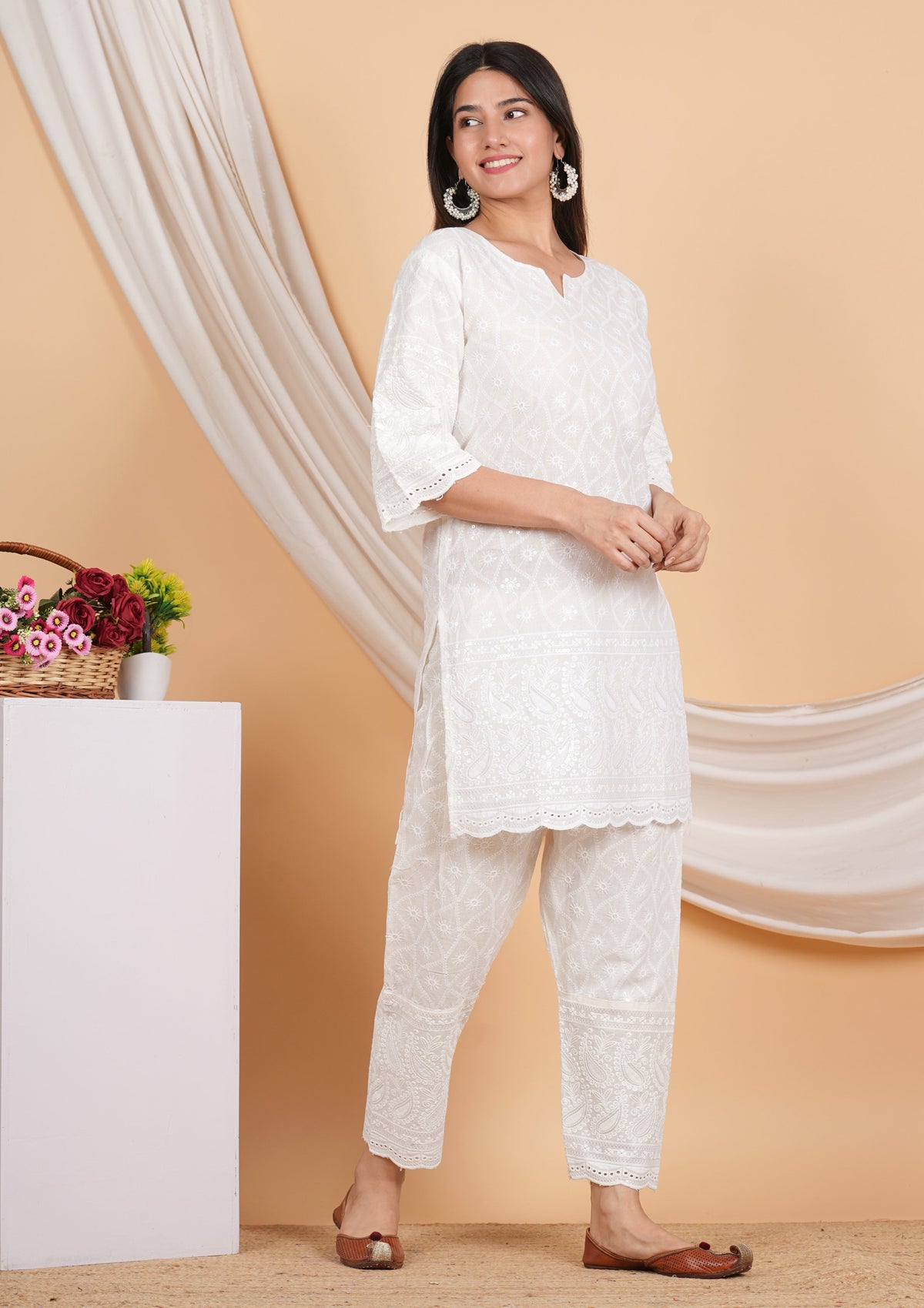 House of RP Women Off-White Cotton Chicken Embroidered Kurta & Pant Set | Grocsy