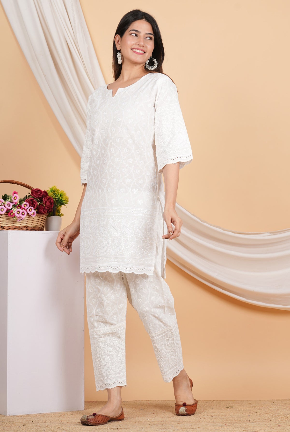 House of RP Women Off-White Cotton Chicken Embroidered Kurta & Pant Set | Grocsy