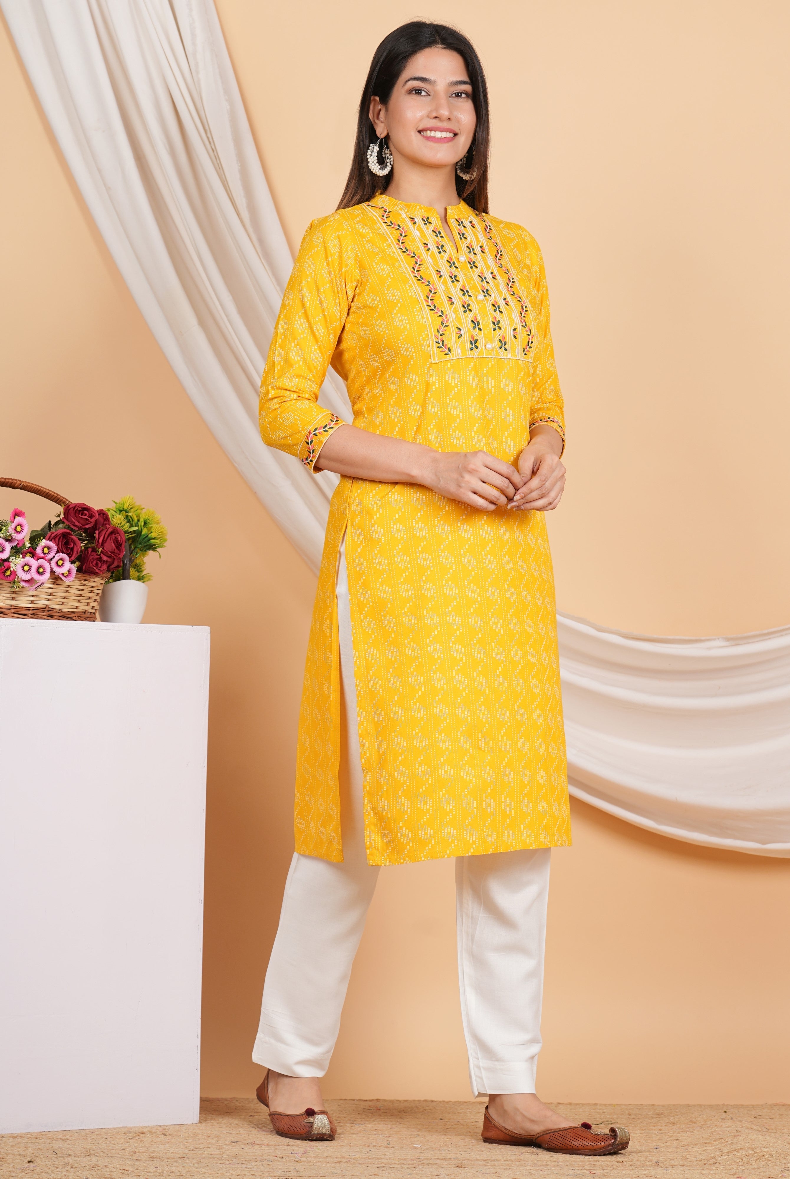 House of RP Women Yellow Rayon Yoke Embroidered Kurta & Pant Set | Grocsy