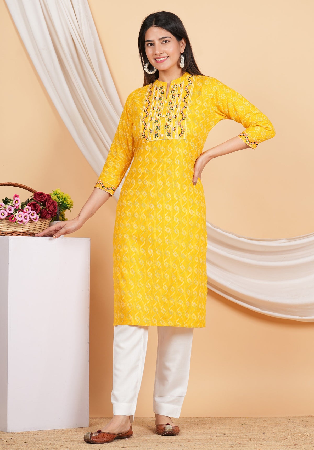 House of RP Women Yellow Rayon Yoke Embroidered Kurta & Pant Set | Grocsy