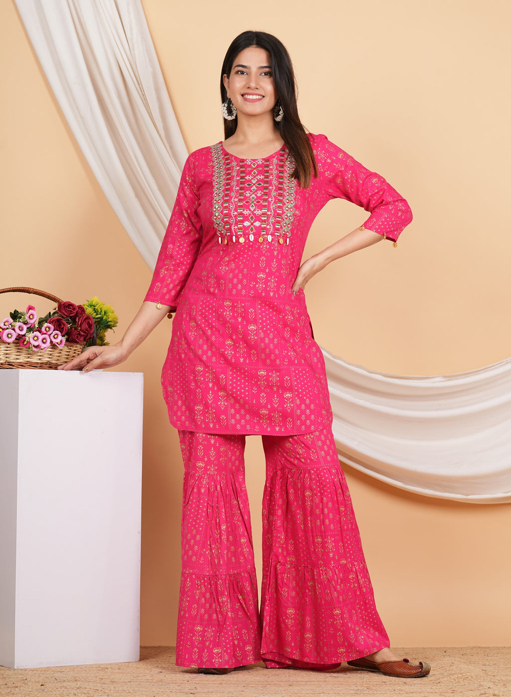 House of RP Women Pink Rayon Embroidered with Printed Kurta & Sharara Set | Grocsy