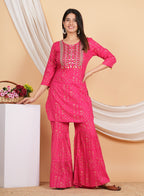 House of RP Women Pink Rayon Embroidered with Printed Kurta & Sharara Set | Grocsy
