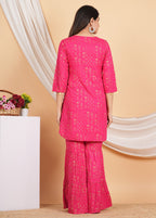 House of RP Women Pink Rayon Embroidered with Printed Kurta & Sharara Set | Grocsy