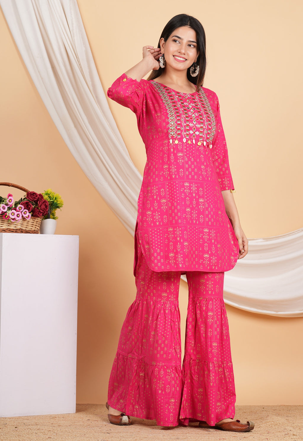 House of RP Women Pink Rayon Embroidered with Printed Kurta & Sharara Set | Grocsy