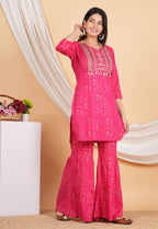 House of RP Women Pink Rayon Embroidered with Printed Kurta & Sharara Set | Grocsy