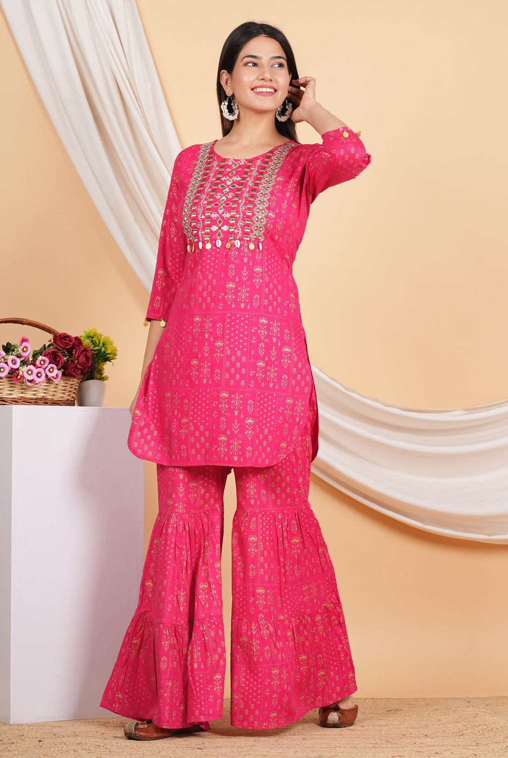 House of RP Women Pink Rayon Embroidered with Printed Kurta & Sharara Set | Grocsy