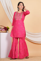 House of RP Women Pink Rayon Embroidered with Printed Kurta & Sharara Set | Grocsy