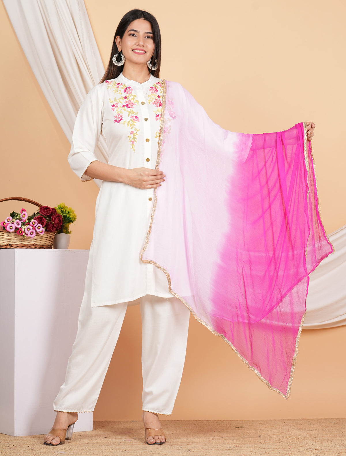 House of RP Women White Rayon Embroidered Kurta, Pant & Dupatta Set | Grocsy
