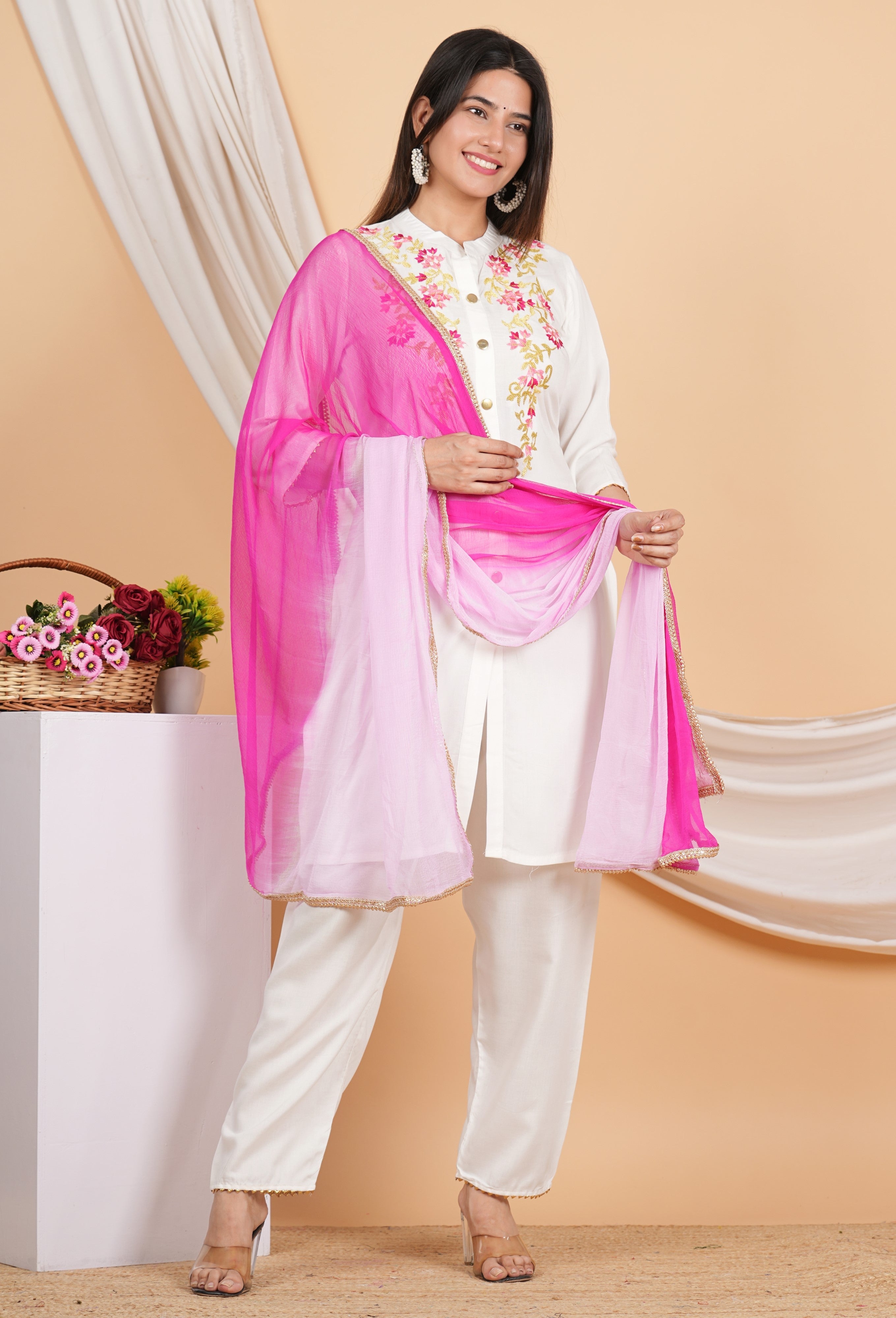 House of RP Women White Rayon Embroidered Kurta, Pant & Dupatta Set | Grocsy