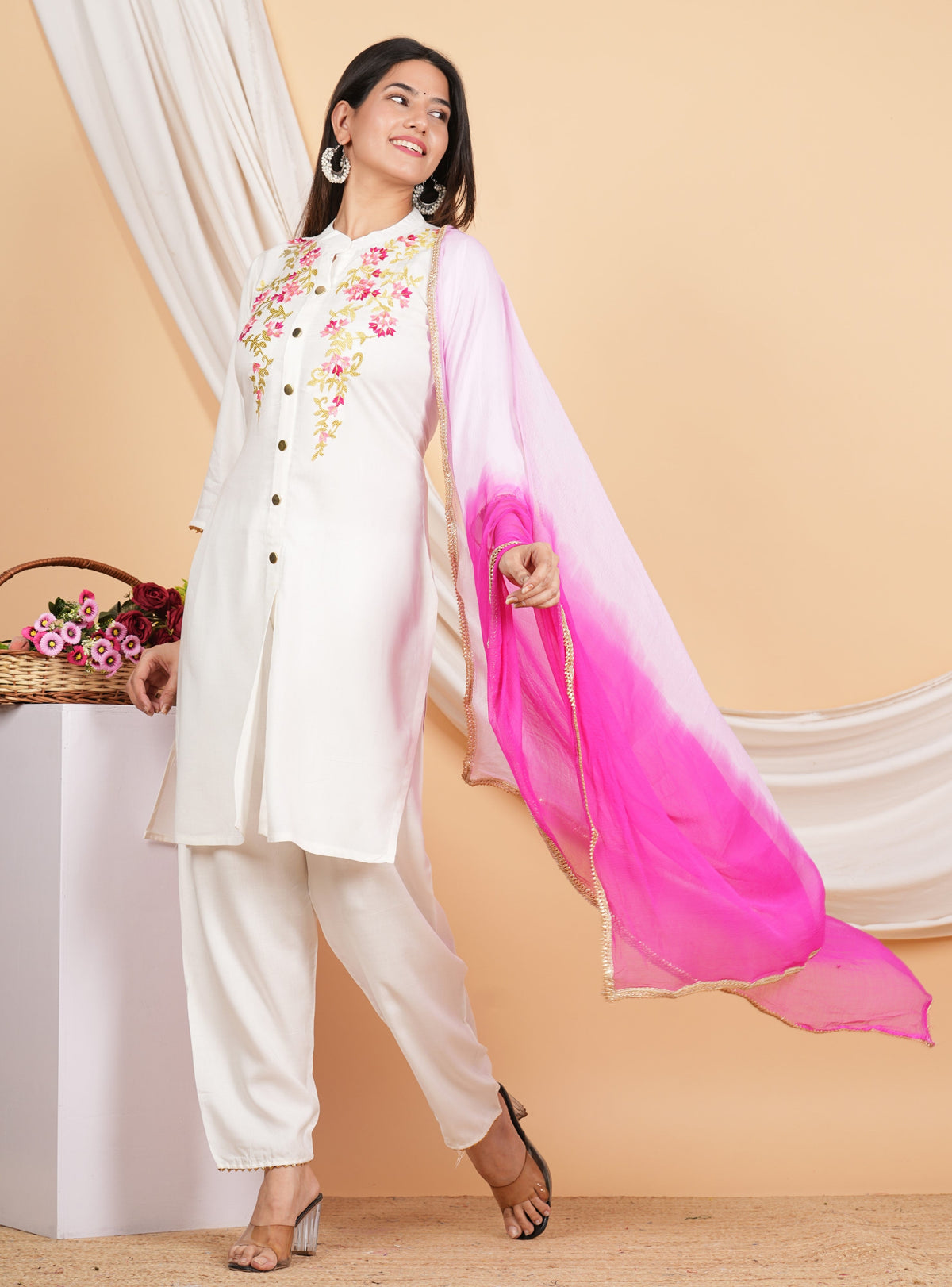 House of RP Women White Rayon Embroidered Kurta, Pant & Dupatta Set | Grocsy