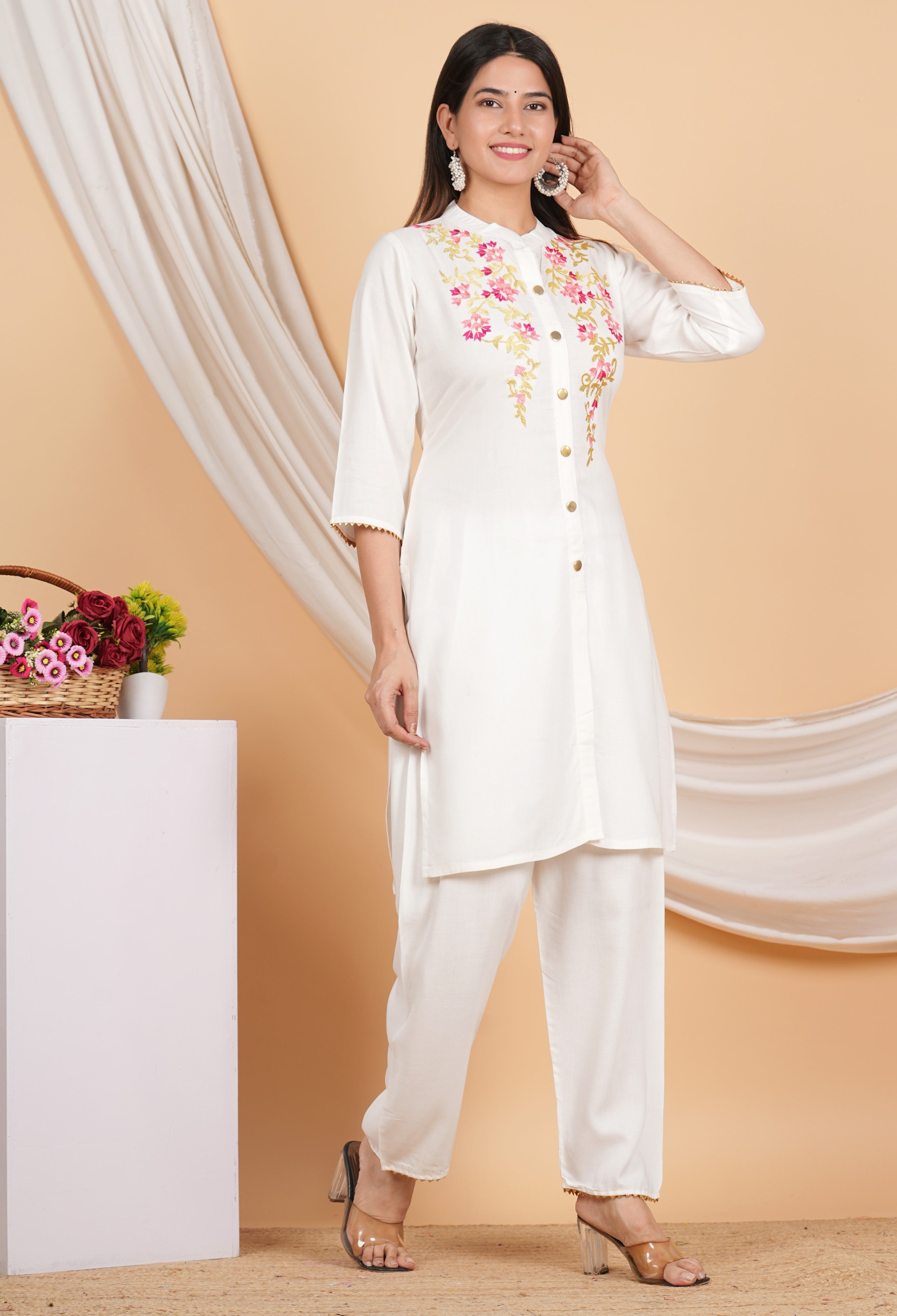 House of RP Women White Rayon Embroidered Kurta, Pant & Dupatta Set | Grocsy