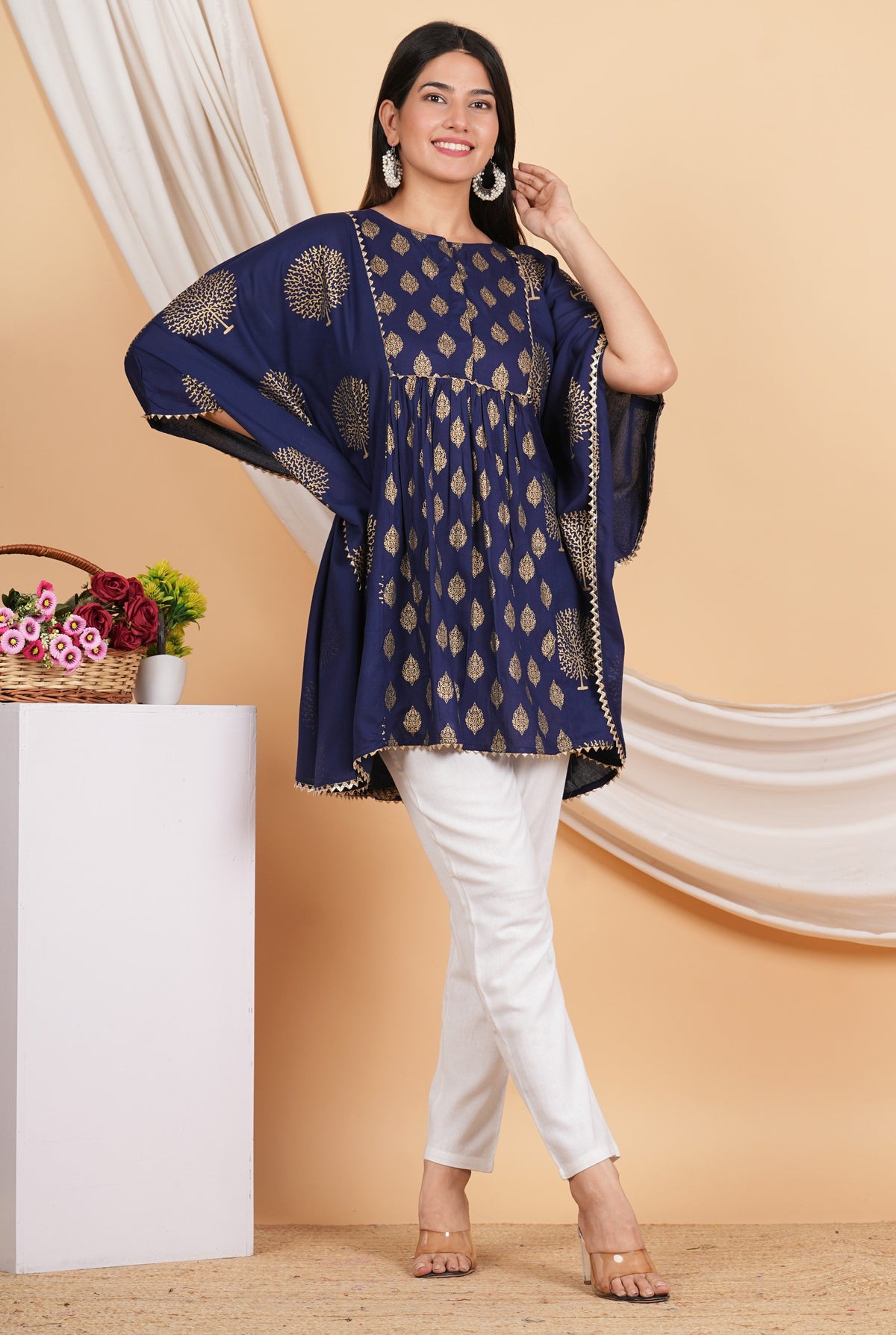 House of RP Women NavyBlue Rayon Ethnic Print Kaftan | Grocsy