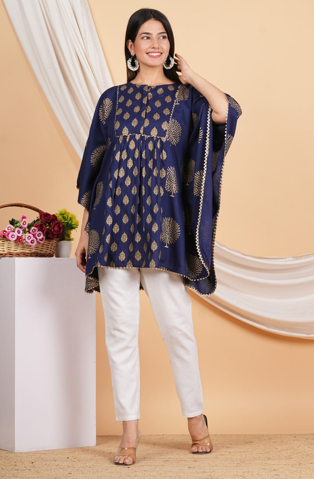 House of RP Women NavyBlue Rayon Ethnic Print Kaftan | Grocsy
