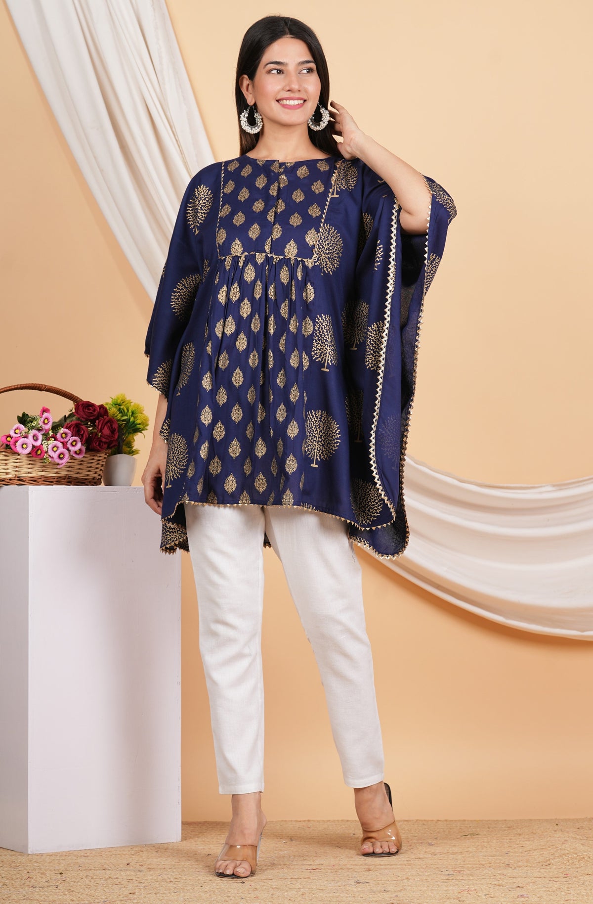 House of RP Women NavyBlue Rayon Ethnic Print Kaftan | Grocsy