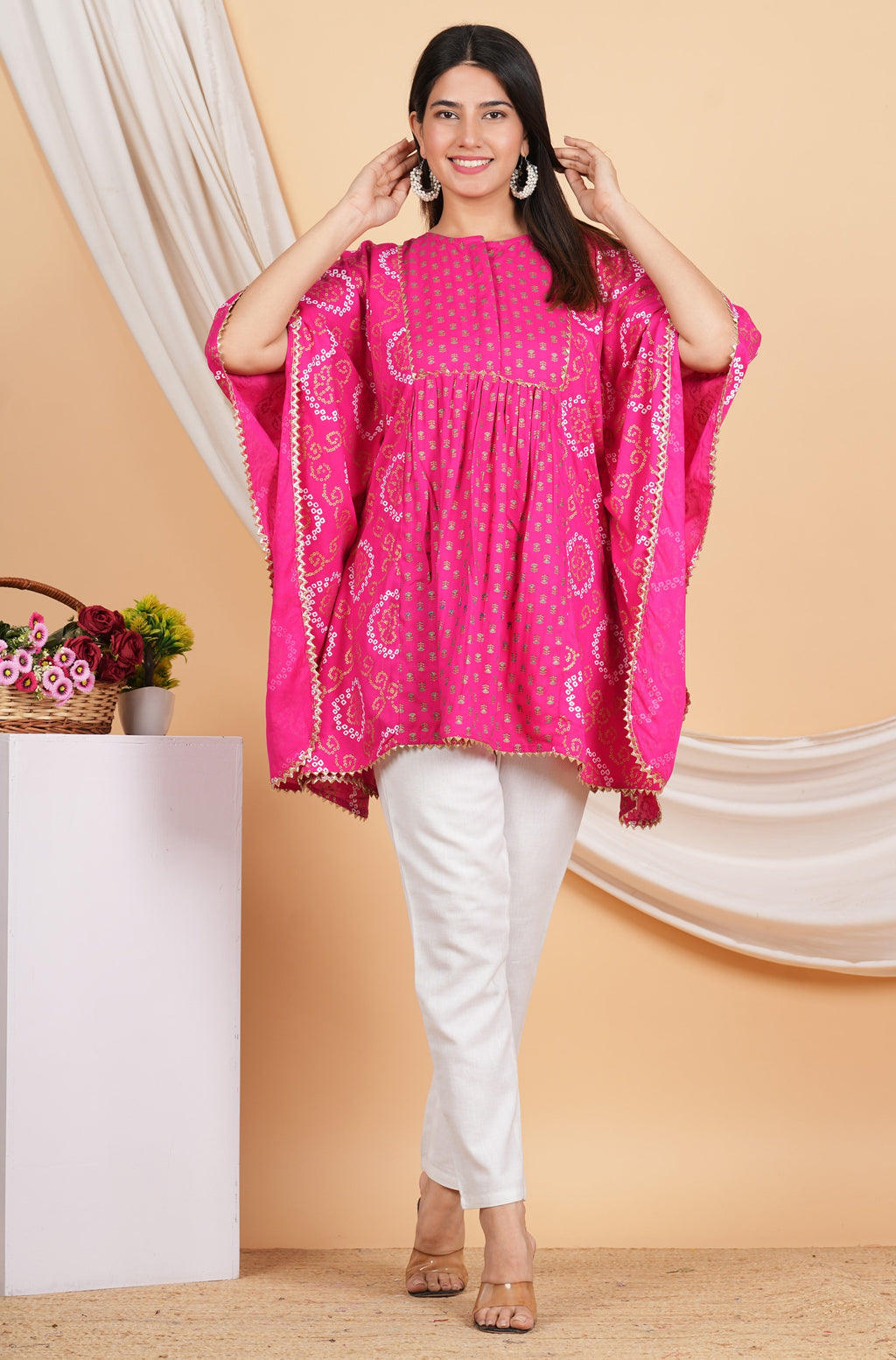 House of RP Women Pink Rayon Ethnic Print Kaftan | Grocsy