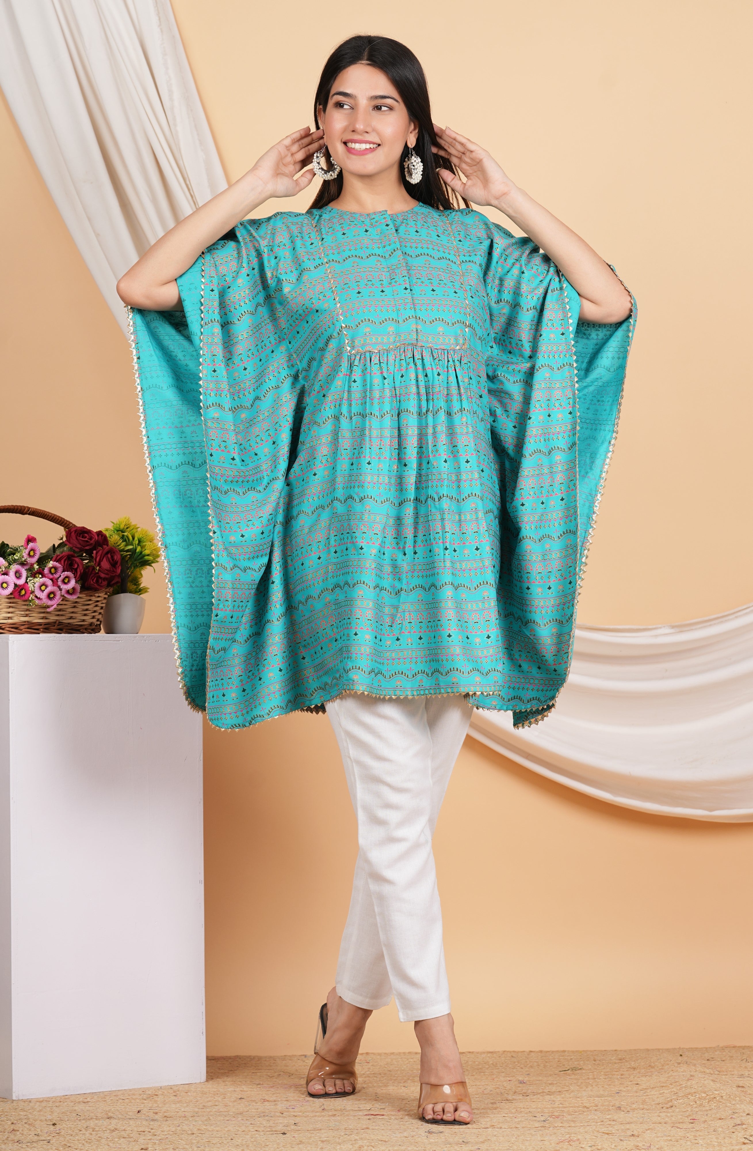 House of RP Women SkyBlue Rayon Ethnic Print Kaftan | Grocsy