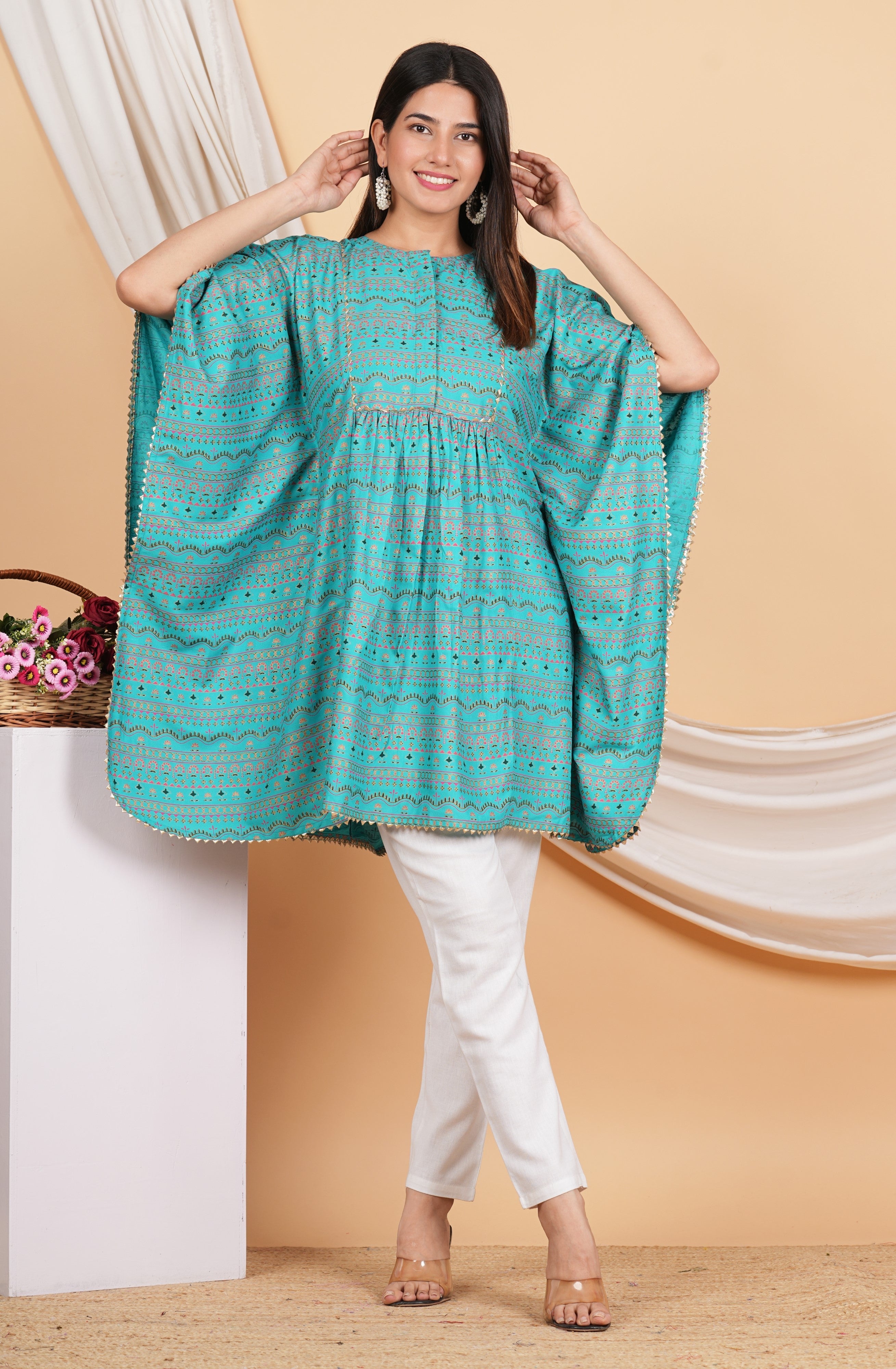 House of RP Women SkyBlue Rayon Ethnic Print Kaftan | Grocsy