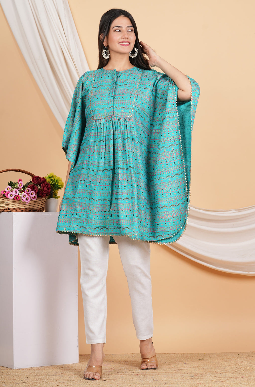 House of RP Women SkyBlue Rayon Ethnic Print Kaftan | Grocsy