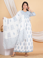 House of RP Women White & Blue Rayon Floral Print Kurta, Pant & Dupatta Set | Grocsy
