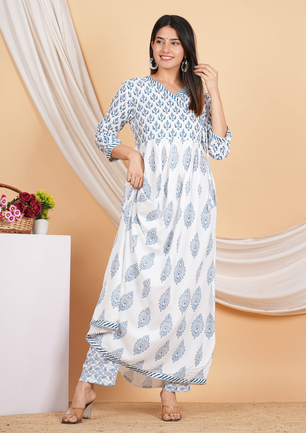 House of RP Women White & Blue Rayon Floral Print Kurta, Pant & Dupatta Set | Grocsy
