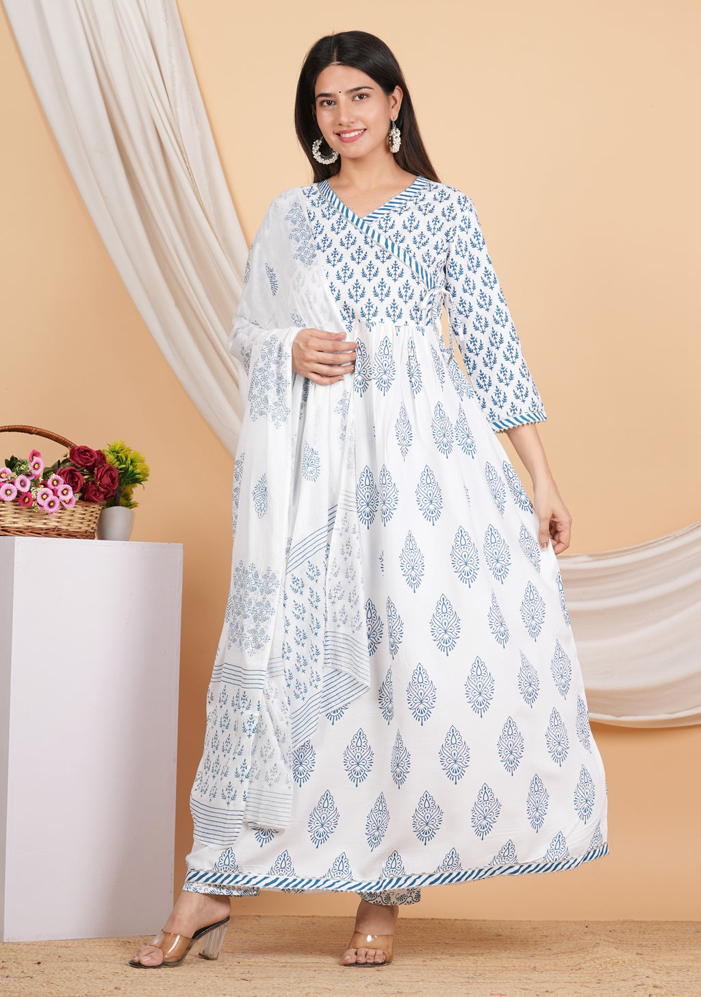 House of RP Women White & Blue Rayon Floral Print Kurta, Pant & Dupatta Set | Grocsy