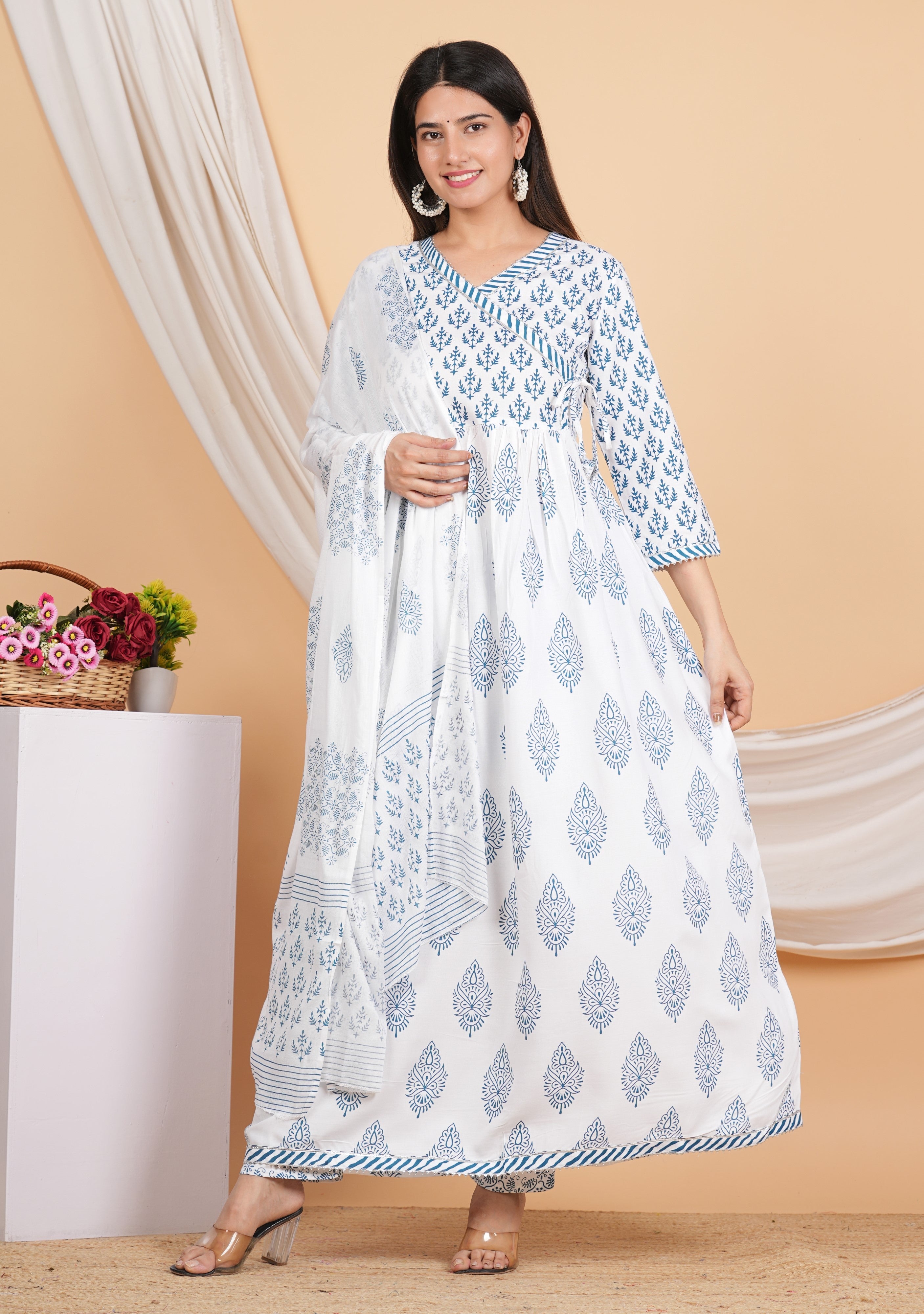 House of RP Women White & Blue Rayon Floral Print Kurta, Pant & Dupatta Set | Grocsy