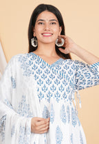 House of RP Women White & Blue Rayon Floral Print Kurta, Pant & Dupatta Set | Grocsy