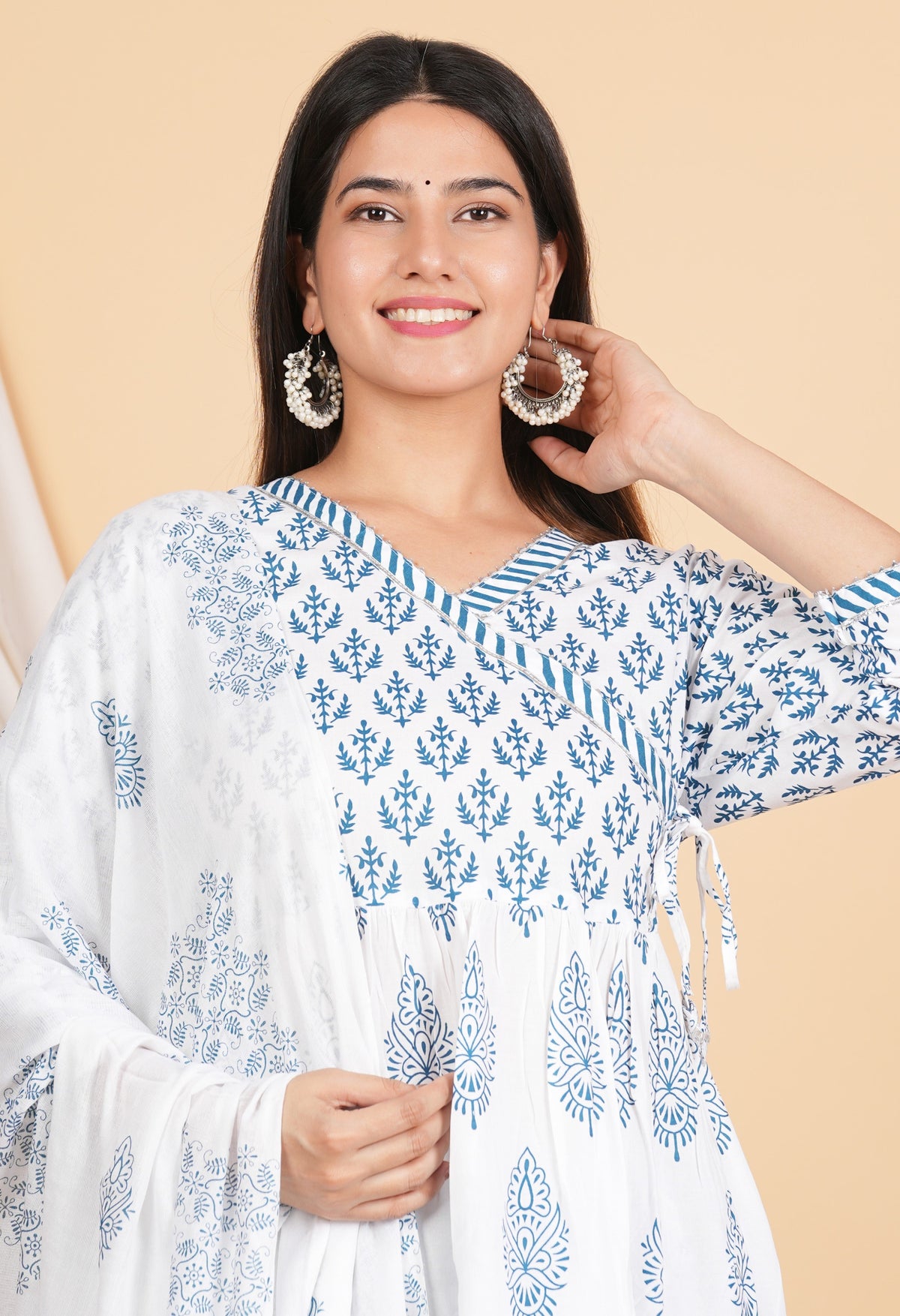 House of RP Women White & Blue Rayon Floral Print Kurta, Pant & Dupatta Set | Grocsy