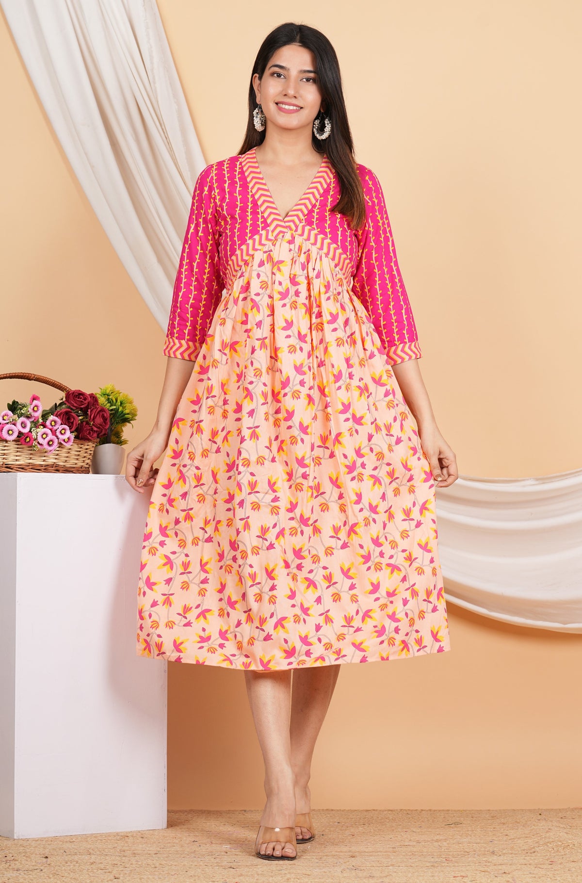 House of RP Women Rayon Peach Floral Printed Dress | Grocsy