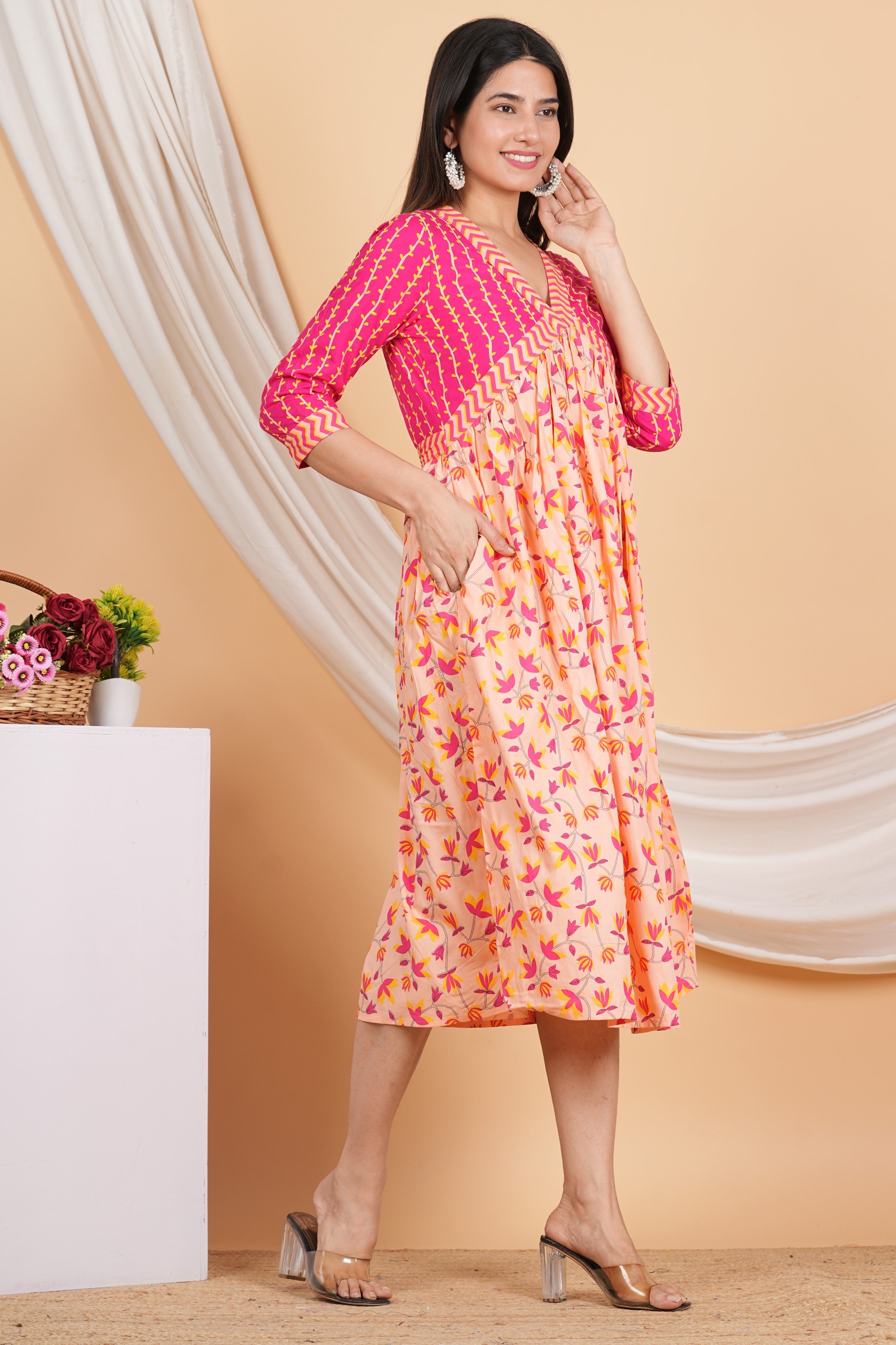 House of RP Women Rayon Peach Floral Printed Dress | Grocsy
