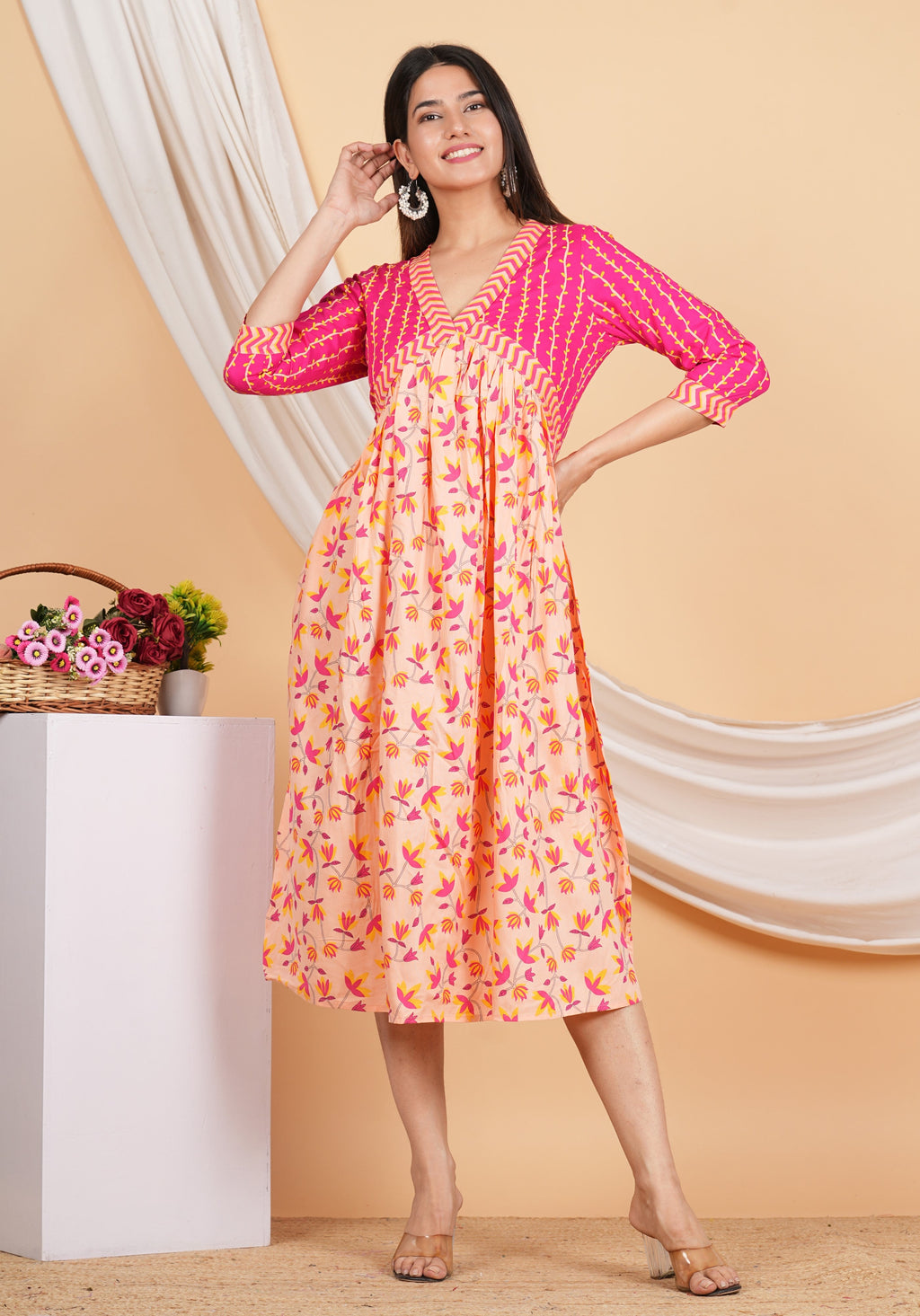 House of RP Women Rayon Peach Floral Printed Dress | Grocsy