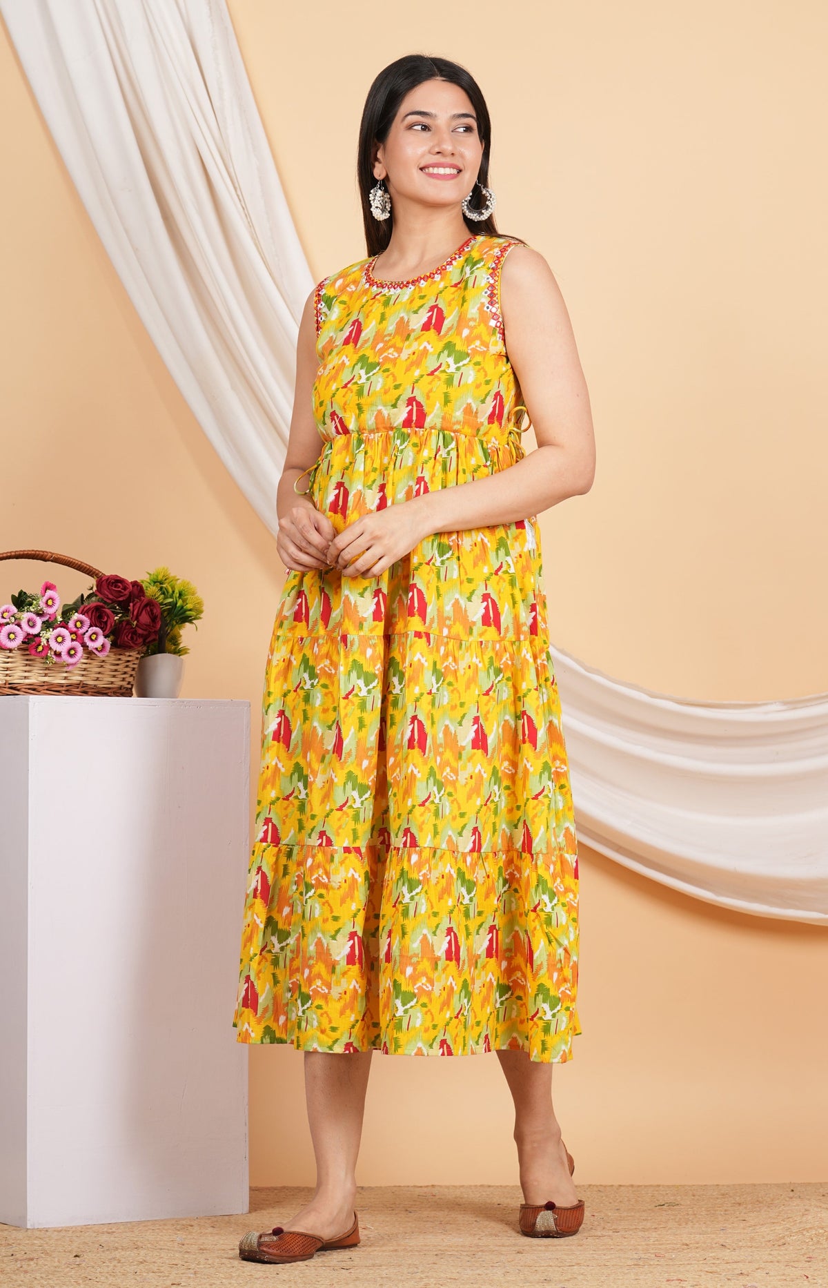 House of RP Women Rayon Yellow Abstract Printed Dress | Grocsy