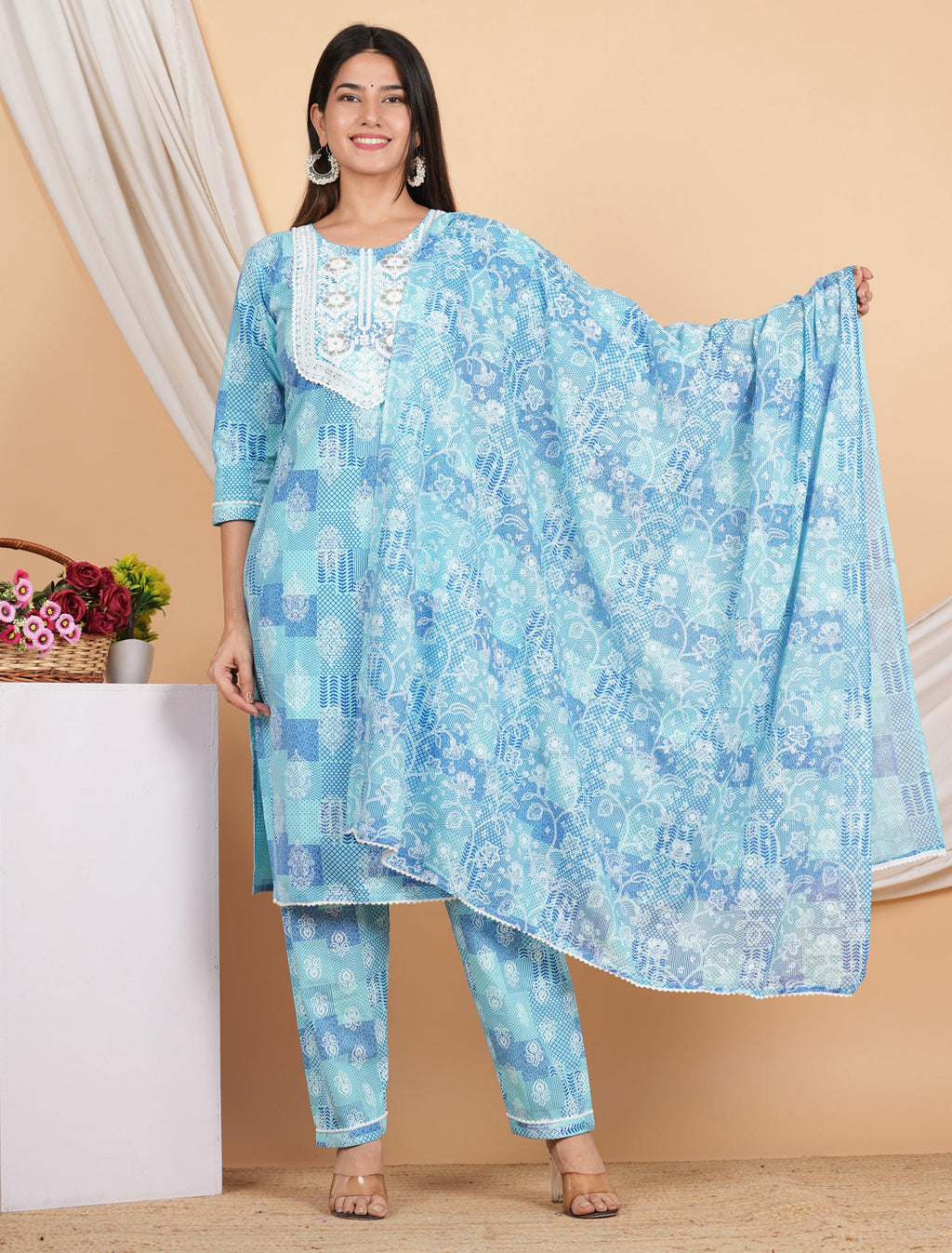 House of RP Women Blue Rayon Cotton Graphic Print Kurta ,Pant & Dupatta Set | Grocsy
