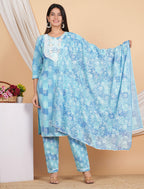 House of RP Women Blue Rayon Cotton Graphic Print Kurta ,Pant & Dupatta Set | Grocsy