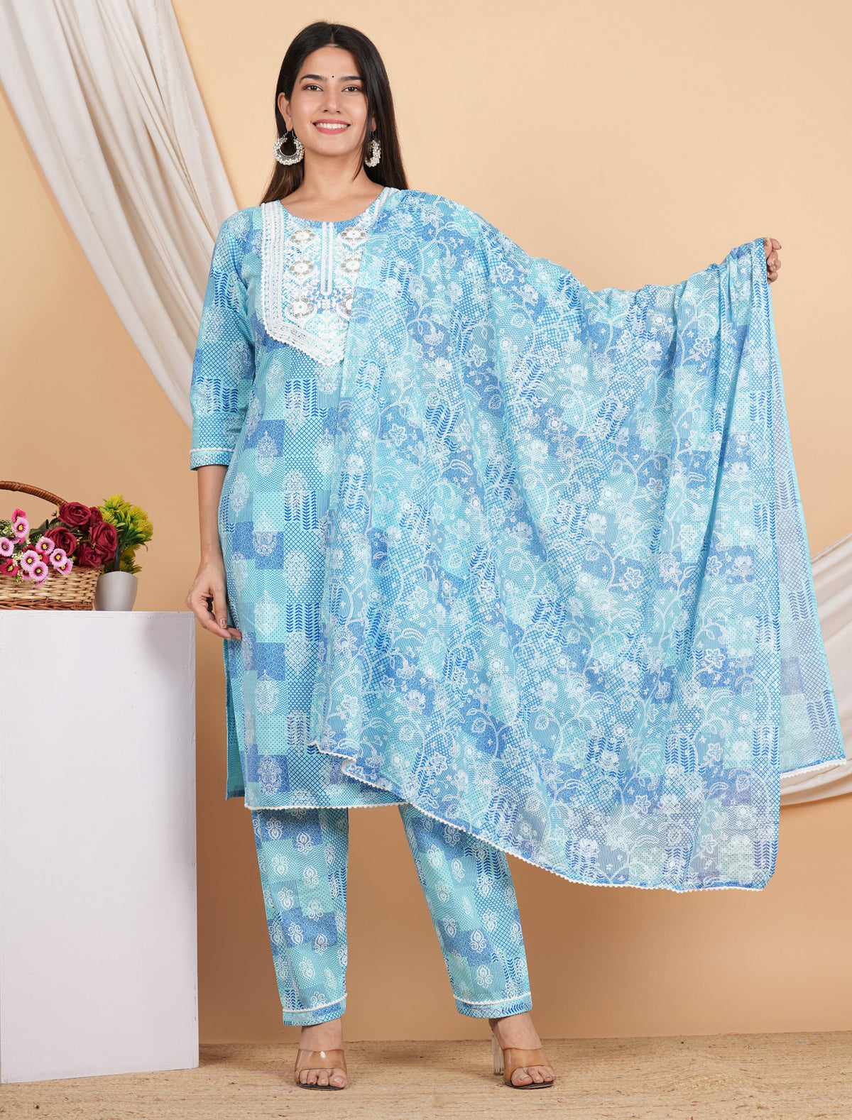 House of RP Women Blue Rayon Cotton Graphic Print Kurta ,Pant & Dupatta Set | Grocsy