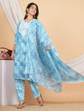 House of RP Women Blue Rayon Cotton Graphic Print Kurta ,Pant & Dupatta Set | Grocsy