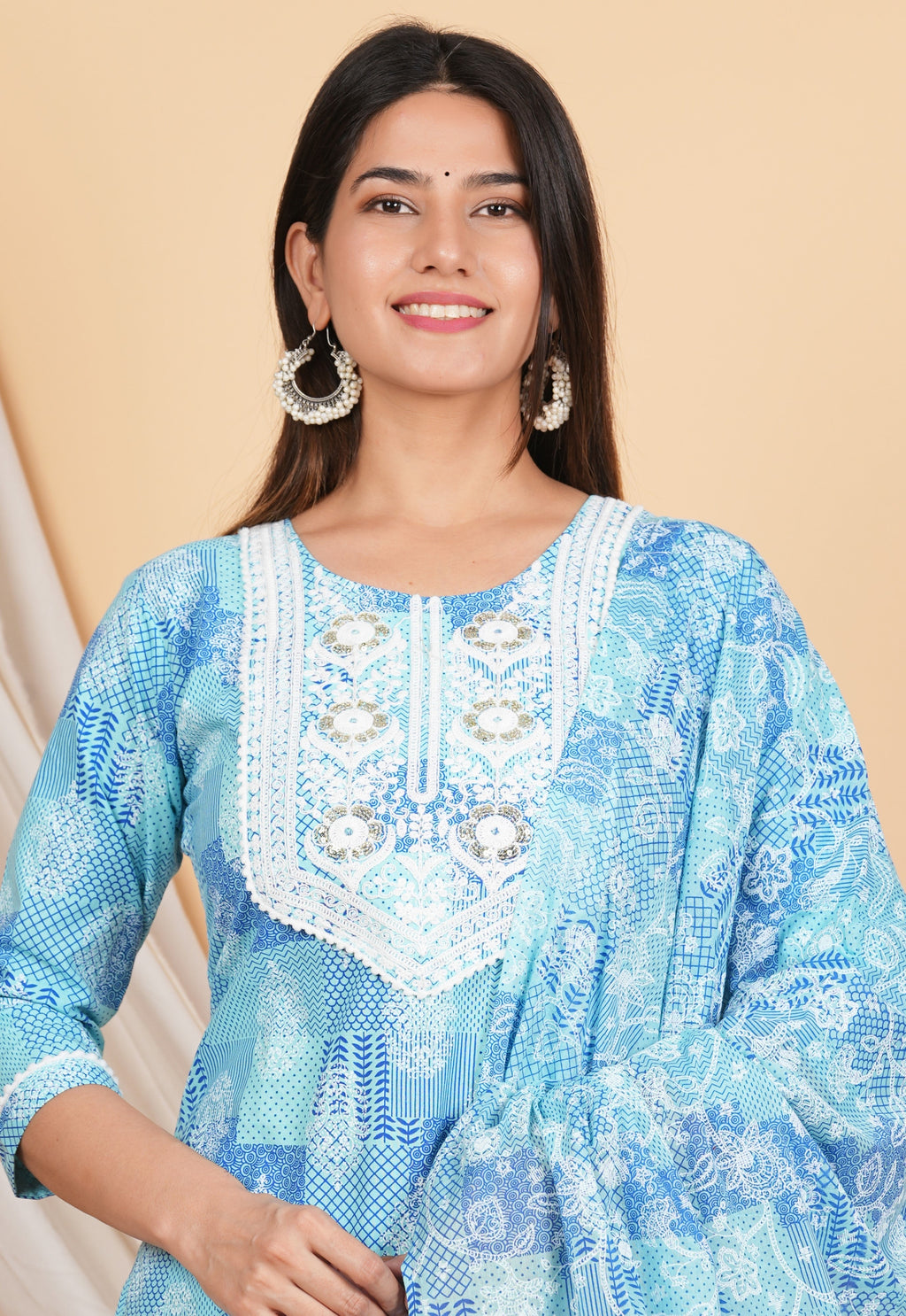 House of RP Women Blue Rayon Cotton Graphic Print Kurta ,Pant & Dupatta Set | Grocsy