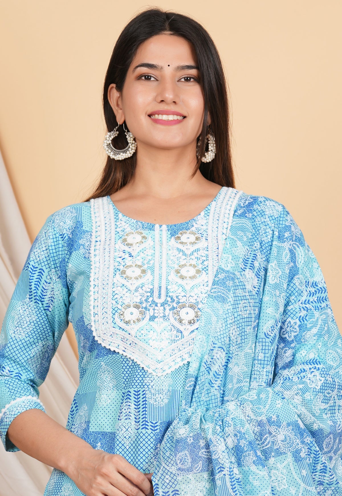House of RP Women Blue Rayon Cotton Graphic Print Kurta ,Pant & Dupatta Set | Grocsy