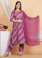 House of RP Women Rayon Dark Purple Ethnic Print Naira Cut Kurta, Pant & Dupatta Set | Grocsy